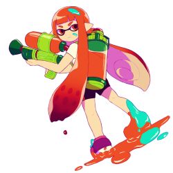 Rule 34 | 1girl, bike shorts, full body, holding, ink tank (splatoon), inkling, inkling girl, inkling player character, kanafumi (spindle), long hair, looking back, matching hair/eyes, monster girl, nintendo, orange eyes, orange hair, paint, paint splatter, paint splatter on face, pointy ears, shirt, shoes, short sleeves, simple background, sneakers, solo, splatoon (series), splatoon 1, splattershot (splatoon), standing, super soaker, tentacle hair, white background