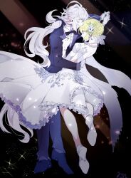 Rule 34 | 1boy, absurdres, alternate costume, artoria pendragon (all), artoria pendragon (fate), black bow, black bowtie, blonde hair, blue eyes, blue ribbon, bow, bowtie, dancing, dress, earrings, fate/grand order, fate (series), flower knot, formal, full body, gloves, hair between eyes, high heels, highres, jewelry, long hair, merlin (fate), misato karuha, necklace, pants, petals, profile, purple pants, purple suit, ribbon, rose petals, saber (fate), shirt, signature, suit, wedding, wedding dress, white dress, white gloves, white hair, white ribbon, white shirt