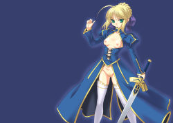 Rule 34 | 00s, 1girl, artoria pendragon (all), artoria pendragon (fate), blonde hair, breasts, fate/stay night, fate (series), female pubic hair, functionally nude, green eyes, highres, long legs, ngo (ngo dandelion), no panties, pubic hair, revealing clothes, saber (fate), small breasts, solo, sword, thighhighs, weapon