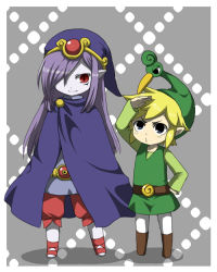 Rule 34 | 2boys, belt, blonde hair, blue eyes, boots, cape, ezlo, hair over one eye, hat, link, long hair, male focus, mixing (artist), multiple boys, nintendo, o3o, open mouth, pantyhose, pointy ears, purple hair, red eyes, silver hair, smile, standing, symbol-shaped pupils, tears, the legend of zelda, the legend of zelda: the minish cap, tiara, toon link, tunic, vaati