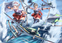 Rule 34 | 10s, 3girls, aerial battle, aircraft, airplane, alternate hairstyle, arrow (projectile), battle, black legwear, bow (weapon), brown eyes, brown hair, day, doraxi, drawing bow, enemy aircraft (kancolle), explosion, fairy (kancolle), fire, firing, gloves, hairband, highres, holding, holding bow (weapon), holding weapon, japanese clothes, kantai collection, long hair, multiple girls, muneate, ocean, open mouth, partially fingerless gloves, partly fingerless gloves, ponytail, purple hair, shoukaku (kancolle), signature, sky, smile, thighhighs, vehicle focus, water, weapon, white hair, yugake, zettai ryouiki, zuikaku (kancolle)