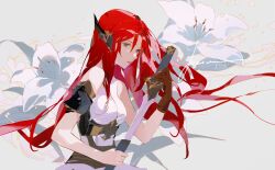 Rule 34 | 1girl, artist name, bare shoulders, breasts, brown gloves, dress, flower, gloves, green eyes, grey background, highres, holding, holding sword, holding weapon, lily (flower), long hair, looking at viewer, mixed-language commentary, original, parted lips, red hair, sheath, signature, simple background, single glove, sleeveless, small breasts, solo, sword, unsheathing, upper body, weapon, white background, white dress, white flower, yueko (jiayue wu)