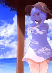 Rule 34 | 1girl, arano oki, arms behind back, bare shoulders, blue sky, brown hat, closed mouth, cloud, cloudy sky, commentary request, day, dress, hair ornament, hat, highres, horizon, long hair, looking away, looking to the side, ocean, outdoors, purple eyes, purple hair, sky, sleeveless, sleeveless dress, solo, standing, straw hat, sundress, voiceroid, water, white dress, yuzuki yukari