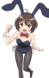 Rule 34 | 1girl, animal ears, black pantyhose, blue leotard, blush, bow, bowtie, brave witches, breasts, brown eyes, brown hair, cleavage, collarbone, fake animal ears, hair ornament, hairclip, highres, kanata mako, karibuchi hikari, leotard, looking at viewer, open mouth, pantyhose, rabbit ears, red bow, red bowtie, short hair, simple background, small breasts, smile, solo, white background, world witches series