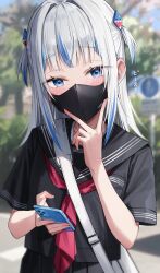 Rule 34 | 1girl, absurdres, alternate costume, bag, black mask, black serafuku, blue eyes, blue hair, blunt bangs, blurry, blurry background, blush, cellphone, day, gawr gura, green tea (greente42869067), hair ornament, highres, holding, holding phone, hololive, hololive english, looking at viewer, mask, medium hair, mouth mask, multicolored hair, neckerchief, outdoors, phone, red neckerchief, school uniform, serafuku, shark hair ornament, shoulder bag, smartphone, solo, sound effects, streaked hair, two side up, upper body, v over mouth, virtual youtuber, white hair