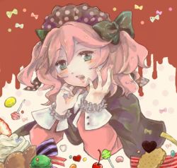 Rule 34 | 10s, bow, candy, cape, charlotte (madoka magica), cookie, food, green eyes, hair bow, ice cream, lollipop, mahou shoujo madoka magica, mahou shoujo madoka magica (anime), nanahara, personification, pink hair, solo, sweets, twintails, witch&#039;s labyrinth
