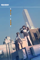Rule 34 | 2girls, absurdres, air conditioner, antenna mast, arm up, artist name, bare legs, black hair, blue eyes, brown hair, building, cityscape, clear sky, commentary, day, english commentary, facing away, facing viewer, green eyes, gun, half updo, hand in own hair, highres, holding, holding weapon, long hair, looking at viewer, machinery, midriff peek, multiple girls, navel, on roof, original, school uniform, short hair, side ponytail, sky, skyscraper, thighhighs, weapon, yigali xinji, zettai ryouiki