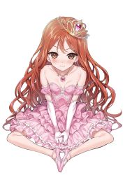 Rule 34 | 1girl, bare shoulders, blush, breasts, brown eyes, brown hair, closed mouth, collarbone, dress, elbow gloves, embarrassed, frilled dress, frills, full body, gloves, high heels, highres, jewelry, layered dress, long hair, looking at viewer, mutsutake, necklace, nose blush, official art, pink dress, pink footwear, renai quartet, simple background, sitting, small breasts, solo, strapless, strapless dress, tenjou himena, tiara, very long hair, wavy hair, white background, white gloves