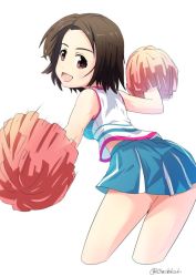 Rule 34 | 1girl, :d, blue skirt, brown eyes, brown hair, buchikaki, cheerleader, commentary, cropped legs, from behind, girls und panzer, holding, holding pom poms, leaning forward, looking at viewer, looking back, miniskirt, motion lines, open mouth, parted bangs, pleated skirt, pom pom (cheerleading), pom poms, sawa azusa, shirt, short hair, simple background, skirt, sleeveless, sleeveless shirt, smile, solo, standing, twitter username, white background, white shirt