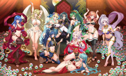 Rule 34 | 1boy, 6+girls, absurdly long hair, absurdres, alternate costume, alternate hairstyle, arm strap, arms up, barefoot, bikini, black legwear, blonde hair, blue eyes, blue hair, blush, boots, grabbing another&#039;s breast, breasts, caeda (fire emblem), celica (fire emblem), cleavage, dancer, dancer (fire emblem: three houses), edelgard von hresvelg, eirika (fire emblem), feet, fire emblem, fire emblem: path of radiance, fire emblem: radiant dawn, fire emblem: the sacred stones, fire emblem: three houses, fire emblem heroes, fjorm (fire emblem), gold trim, grabbing, green eyes, green hair, hair tie, hand up, harem, harem outfit, highres, ishtar (fire emblem), jewelry, leanne (fire emblem), leg strap, long hair, lucina (fire emblem), lying, lyn (fire emblem), matching hair/eyes, multicolored hair, multiple girls, navel, necklace, nez-box, nintendo, on side, open mouth, orb, pelvic curtain, pimp, red footwear, red hair, see-through, see-through sleeves, silver hair, sitting, sitting on person, slave, swimsuit, thigh strap, thighhighs, throne, toeless legwear, toes, underboob, valter (fire emblem), very long hair, white wings, wings, yellow eyes