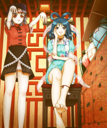 Rule 34 | 2girls, bare legs, barefoot, belt, blue eyes, blue hair, chest of drawers, chinese clothes, dress, facing away, feet, flower, from below, hagoromo, hair ornament, hair rings, hair stick, hand on own cheek, hand on own face, hat, head rest, indoors, kaku seiga, knee up, kurage (artist), leg ribbon, leg up, miyako yoshika, multiple girls, neck ribbon, ofuda, outstretched arms, parted lips, petticoat, puffy short sleeves, puffy sleeves, red eyes, ribbon, shawl, short hair, short sleeves, sitting, skirt, toe scrunch, toenails, toes, touhou, vase, zombie pose
