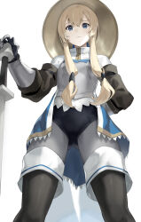 Rule 34 | 1girl, arm behind back, armor, blonde hair, blue eyes, breastplate, commentary request, from below, gauntlets, golden crown guardian (km yama), hand on hilt, helmet, highres, km yama, looking at viewer, original, shorts, solo, thighhighs, wavy mouth, white background