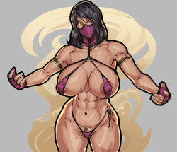 Rule 34 | 1girl, absurdres, areola slip, armlet, bikini, breasts, colored sclera, covered erect nipples, curvy, equinox 6, female focus, fingerless gloves, gloves, highres, huge breasts, looking at viewer, mask, medium hair, mileena (mortal kombat), mortal kombat (series), mortal kombat 9, mouth mask, muscular, muscular female, navel, pubic hair, slit pupils, solo, sweat, swimsuit, thick thighs, thighs, yellow sclera