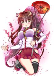 Rule 34 | 1girl, black thighhighs, breasts, brown eyes, brown hair, cherry blossoms, full body, headgear, hip vent, izumi shara, kantai collection, kikumon, large breasts, long hair, oil-paper umbrella, pleated skirt, ponytail, red skirt, red umbrella, rudder footwear, single thighhigh, skirt, solo, thighhighs, umbrella, yamato (kancolle), z flag