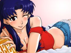 Rule 34 | 1girl, alcohol, artist request, blush, breasts, brown eyes, casual, cleavage, katsuragi misato, large breasts, looking at viewer, lying, neon genesis evangelion, one eye closed, ponytail, purple hair, shiny skin, short shorts, shorts, solo focus, tank top, thighs, wide hips, wink