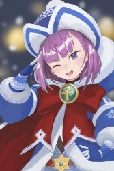 Rule 34 | 1girl, ankh, badge, beanie, blue coat, blue dress, blue gloves, blue hat, blurry, blurry background, bow, breasts, coat, dress, fate/grand order, fate/grand order arcade, fate (series), fur-trimmed coat, fur-trimmed dress, fur trim, gloves, hand on own hip, hat, helena blavatsky (christmas) (fate), helena blavatsky (fate), highres, large bow, long sleeves, looking at viewer, one eye closed, open mouth, purple eyes, purple hair, red bow, salute, short hair, small breasts, smile, suezu1022