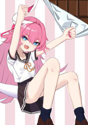 Rule 34 | 1girl, :d, absurdres, arms up, black sailor collar, black skirt, blue eyes, blue socks, brown footwear, candy, chocolate, chocolate bar, commentary request, erio dazima, fang, feet out of frame, food, hair between eyes, highres, honkai (series), honkai impact 3rd, horns, loafers, long hair, nail polish, neck ribbon, open mouth, orange ribbon, outstretched arms, pink hair, pleated skirt, purple nails, ribbed legwear, ribbon, rozaliya olenyeva, sailor collar, school uniform, serafuku, shirt, shoes, short eyebrows, short sleeves, single horn, skirt, smile, socks, solo, striped background, tail, thick eyebrows, v-shaped eyebrows, very long hair, white shirt