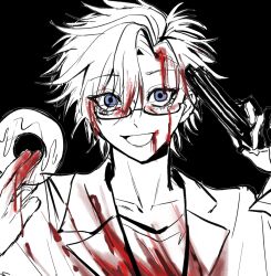 Rule 34 | 1boy, absurdres, black background, blood, blood in hair, blood on clothes, blood on eyewear, blood on face, blue eyes, chinese commentary, commentary request, doughnut, food, glasses, gun, gun to head, highres, holding, holding doughnut, holding gun, holding weapon, jacket, kanou aogu, lizimeitounao, looking at viewer, male focus, open clothes, open jacket, open mouth, portrait, saibou shinkyoku, shirt, simple background, smile, spot color, weapon