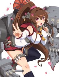 Rule 34 | 10s, 1girl, bad id, bad pixiv id, breasts, brown eyes, brown hair, cherry blossoms, detached sleeves, highres, jewelry, kantai collection, large breasts, long hair, looking at viewer, miniskirt, oil-paper umbrella, ponytail, ring, shin&#039;en (gyokuro company), single thighhigh, skirt, solo, thighhighs, umbrella, wedding band, yamato (kancolle)