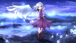 Rule 34 | 1girl, angel wings, blue sky, boots, cloud, dress, flower, fog, grass, hand to own mouth, highres, jacket, kishin sagume, long sleeves, looking at viewer, moonlight, mountain, open clothes, open jacket, purple dress, purple eyes, risutaru, scenery, single wing, sky, solo, standing, touhou, wings