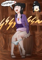 Rule 34 | 1girl, @ @, absurdres, ace attorney, barrel, biku, black eyes, black hair, blush, brown background, brown footwear, clothes lift, collarbone, dress, dress lift, english text, female focus, flat chest, full body, hair bobbles, hair bun, hair ornament, hair tie, half-closed eyes, happy, heart, highres, indoors, jacket, long hair, long sleeves, looking up, maya fey, moaning, nose blush, open mouth, panties, panty pull, peeing, pigeon-toed, pink dress, purple jacket, relief, sandals, sash, single hair bun, smile, solo, speech bubble, spoken heart, sweat, underwear, urine meter, wavy mouth, wet, wet clothes, wet panties, white panties, x-ray