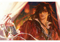 Rule 34 | 1boy, armlet, black hair, black nails, bracer, braid, butterfly necklace, chinese clothes, collared shirt, curtains, earrings, eyepatch, hair over shoulder, holding hands, hua cheng, jewelry, lantern, letterboxed, long hair, long sleeves, looking at another, male focus, necklace, open mouth, paper lantern, parted bangs, red eyes, red ribbon, red robe, ribbon, robe, shirt, side braid, smile, solo, string, string of fate, tianguan cifu, white ribbon, xie lian, zero q 0q