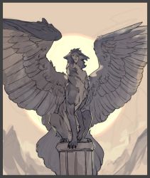 Rule 34 | 1girl, bird tail, border, brown border, brown theme, centauroid, large wings, monochrome, monster girl, mullmull02, original, parted lips, solo, sphinx, spread wings, squatting, sun, tail, taur