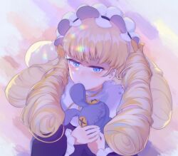 Rule 34 | 1girl, badai, blonde hair, blue eyes, bow, button eyes, buttons, character request, chinese commentary, closed mouth, collar, collared dress, commentary request, curly hair, dress, frilled hairband, frilled sleeves, frills, hair bow, hairband, half-closed eyes, heart, heart in eye, holding, holding stuffed toy, light frown, long hair, long sleeves, looking at viewer, multicolored background, neck ribbon, orange bow, orange ribbon, purple dress, ribbon, sparkling eyes, stitched mouth, stitches, stuffed animal, stuffed rabbit, stuffed toy, symbol in eye, tokyo houkago summoners, white collar, white hairband, wide sleeves