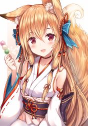 Rule 34 | 1girl, :d, animal ear fluff, animal ears, bare shoulders, blue bow, blush, bow, breasts, brown hair, commentary request, dango, detached sleeves, food, fox ears, fox girl, fox tail, hair between eyes, hair bow, hair ribbon, head tilt, highres, holding, holding food, japanese clothes, kimono, long hair, long sleeves, looking at viewer, medium breasts, obi, open mouth, original, red eyes, red ribbon, ribbon, ribbon-trimmed sleeves, ribbon trim, sakura ani, sanshoku dango, sash, sidelocks, sleeveless, sleeveless kimono, smile, solo, tail, tail raised, very long hair, wagashi, white kimono, white sleeves, wide sleeves
