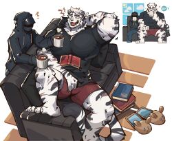 Rule 34 | 1boy, 1other, animal ears, animal slippers, arknights, bara, bespectacled, book, bulge, chibi, chibi inset, coffee, couch, deformed, doctor (arknights), drinking, foot out of frame, from above, furry, furry male, glasses, graysheartart, highres, huge pectorals, male focus, mountain (arknights), muscular, muscular male, on couch, scar, scar across eye, short hair, short shorts, shorts, sleepy, slippers, spread legs, thick eyebrows, tiger boy, tiger ears, white hair, yawning
