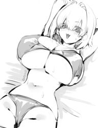 Rule 34 | 1girl, :3, arms up, bikini, blush, breasts, cleavage, commentary, double-parted bangs, elegg (nikke), goddess of victory: nikke, greyscale, hair between eyes, hair intakes, highres, huge breasts, looking at viewer, lying, monochrome, navel, olys, on back, open mouth, short hair, sketch, small sweatdrop, solo, sweat, swimsuit, symbol-only commentary, twitter username