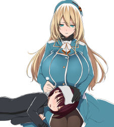 Rule 34 | 10s, 1boy, 1girl, aqua eyes, atago (kancolle), blonde hair, breasts, ear cleaning, highres, huge breasts, kantai collection, kloah, light smile, little boy admiral (kancolle), long hair, looking at viewer, mimikaki, pantyhose, simple background, white background