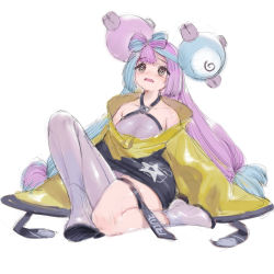 Rule 34 | 132 (353488448), 1girl, @ @, bow-shaped hair, character hair ornament, creatures (company), game freak, grey pantyhose, hair ornament, hexagon print, highres, iono (pokemon), jacket, long hair, low-tied long hair, multicolored hair, nintendo, oversized clothes, pantyhose, pokemon, pokemon sv, sharp teeth, single leg pantyhose, sleeves past fingers, sleeves past wrists, split-color hair, teeth, very long sleeves, x, yellow jacket