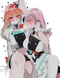 Rule 34 | 2girls, absurdres, arm around waist, arm up, licking armpit, armpits, arms up, blunt bangs, blush, breasts, breath, carrot 011, couple, earrings, feather earrings, feathers, heart, heart-shaped pupils, heavy breathing, highres, hololive, hololive english, hololive idol uniform (bright), jewelry, large breasts, licking, long hair, medium breasts, mori calliope, multiple girls, official alternate costume, pink hair, saliva, steaming body, straight hair, sweat, symbol-shaped pupils, takanashi kiara, tongue, tongue out, virtual youtuber, yuri
