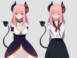 Rule 34 | breasts, cleavage, cleavage cutout, clothing cutout, demon girl, demon horns, demon tail, eve.ch, eve valerne, glasses, horn ornament, horn ribbon, horns, indie virtual youtuber, pink eyes, pink hair, ribbon, school uniform, see-through, shimobebe, simple background, tag, tail, virtual youtuber