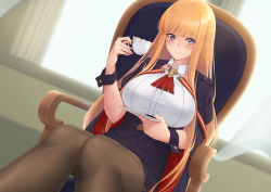 Rule 34 | 1girl, absurdres, ascot, backlighting, bad id, bad pixiv id, belt, blonde hair, blue jacket, blue oath, blue pantyhose, blue skirt, blunt bangs, blurry, blurry background, blush, breasts, chair, closed mouth, collared shirt, commentary, cowboy shot, cup, curtains, depth of field, dutch angle, eyelashes, fingernails, foreshortening, highres, holding, holding cup, holding plate, huge breasts, indoors, jacket, jacket on shoulders, kirou (kiruyuu1210), long hair, looking at viewer, on chair, pantyhose, pencil skirt, plate, prince of wales (blue oath), purple eyes, red ascot, shirt, short sleeves, sidelocks, sitting, skirt, smile, solo, straight hair, taut clothes, taut shirt, teacup, thighhighs, tsurime, very long hair, waistcoat, white shirt, wristband