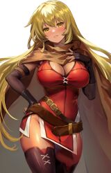 Rule 34 | 1girl, absurdres, belt, black footwear, black gloves, blonde hair, boots, breasts, brown belt, brown cape, cape, cleavage, dress, elbow gloves, fingerless gloves, fire emblem, fire emblem: the binding blade, gloves, hair between eyes, hand on own hip, hands on own breasts, highres, igrene (fire emblem), jurge, large breasts, long hair, looking at viewer, mixed-language commentary, nintendo, red dress, short dress, side slit, solo, thigh boots, white background, yellow eyes