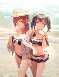 Rule 34 | 2girls, alternate hairstyle, beach, bikini, bikini skirt, black bikini, black hair, bracelet, breasts, cleavage, closed mouth, day, frilled bikini, frills, hair over shoulder, hand on own chest, hand to own mouth, hat, huanxiang heitu, jewelry, locked arms, long hair, looking at viewer, love live!, love live! school idol festival, love live! school idol project, medium breasts, multiple girls, navel, nishikino maki, ocean, open clothes, open mouth, open shirt, outdoors, purple eyes, red eyes, red hair, ribbon, sand, shirt, short hair, side ponytail, smile, swept bangs, swimsuit, twintails, wrist ribbon, yazawa nico