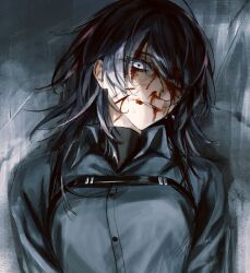 Rule 34 | 1girl, black hair, black shirt, blood, blood from mouth, blood on face, chest strap, chief (path to nowhere), collared shirt, commentary request, female chief (path to nowhere), grey eyes, highres, isakuu, long hair, looking at viewer, nosebleed, parted lips, path to nowhere, shirt, solo, upper body