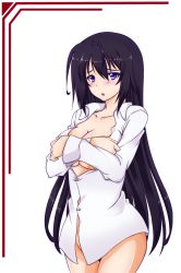 Rule 34 | 10s, 1girl, black hair, blush, bottomless, breast hold, breasts, cleavage, covering privates, covering breasts, dress shirt, infinite stratos, kuon (nokokopopo), large breasts, long hair, long sleeves, naked shirt, purple eyes, shinonono houki, shirt, solo, wide hips