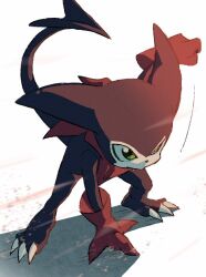 Rule 34 | 1other, bandana, bandana around neck, bent over, colored skin, commentary request, demon, digimon, fewer digits, gloves, green eyes, impmon, light rays, multicolored skin, purple skin, red bandana, red gloves, shadow, shinbiko, tail, white skin