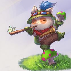 Rule 34 | 1boy, ascot, backpack, bag, blowing, brown pants, bug, butterfly, closed mouth, commentary request, closed eyes, feathers, furry, furry male, gloves, grass, green footwear, green gloves, hat, highres, holding, insect, league of legends, male focus, mushroom, nyaamen fork, pants, red ascot, scout uniform, shadow, solo, standing, standing on one leg, teemo, telescope