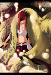 Rule 34 | 1girl, breasts, cleavage, erza scarlet, fairy tail, grin, hair over one eye, hair ribbon, large breasts, long hair, looking at viewer, mashima hiro, open mouth, red eyes, red hair, ribbon, smile, solo, sword, weapon, yakdoriga