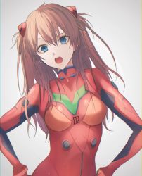 Rule 34 | 1girl, bad id, bad pixiv id, blue eyes, bodysuit, bracer, breasts, brown hair, commentary, eyes visible through hair, facing viewer, gloves, grey background, hair between eyes, hair ornament, hairpin, highres, interface headset, long hair, looking at viewer, neon genesis evangelion, open mouth, pilot suit, plugsuit, red bodysuit, simple background, small breasts, soji 777, solo, souryuu asuka langley, standing, talking, turtleneck, upper body