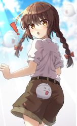 Rule 34 | !, 1girl, :o, ass, bakebake (touhou), belt, black belt, blue sky, bow, braid, brown eyes, brown hair, brown shorts, closed mouth, commentary request, cowboy shot, from behind, hair bow, highres, open mouth, red bow, rika (touhou), shirt, short sleeves, shorts, sky, solo focus, tongue, tongue out, touhou, twin braids, white shirt, yosshy