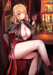 Rule 34 | 1girl, absurdres, bare legs, black dress, blonde hair, blue eyes, blush, bottle, braid, breasts, cleavage, crossed legs, cup, dress, drinking glass, french braid, girls&#039; frontline, glass, hand on thigh, highres, holding, holding cup, large breasts, long hair, looking at viewer, martinreaction, mosin-nagant (girls&#039; frontline), one eye closed, open mouth, sitting, solo, thighs, wine glass
