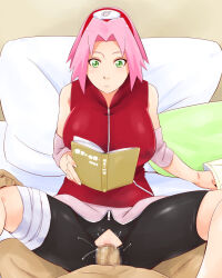 1boy 1girl book breasts closed_mouth covered_erect_nipples crotch_cutout green_eyes haruno_sakura highres large_breasts multitasking naruto naruto_(series) naruto_shippuuden penis pink_hair pussy reading sex short_hair source_request sunahara_wataru vaginal