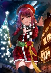 Rule 34 | 1girl, :d, atelier (series), atelier sophie, beret, bishi (bishi), black shirt, black thighhighs, blush, breasts, brown eyes, checkered clothes, checkered scarf, christmas ornaments, christmas tree, commentary request, dress, hands up, hat, highres, looking at viewer, open mouth, purple hair, red dress, red hat, sash, scarf, shirt, short hair, sidelocks, skirt, sky, sleeves past wrists, smile, snowing, solo, sophie neuenmuller, star (sky), starry sky, thighhighs
