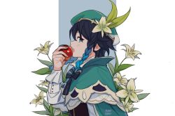 Rule 34 | 1boy, androgynous, apple, beret, black hair, blue hair, bow, braid, cape, collared cape, commentary, corset, eating, english commentary, flower, food, frilled sleeves, frills, from side, fruit, genshin impact, gradient hair, green eyes, green hat, hat, hat flower, highres, holding, holding food, holding fruit, kinigoni, leaf, long sleeves, looking at viewer, male focus, multicolored hair, open mouth, shirt, short hair with long locks, simple background, solo, trap, twin braids, venti (genshin impact), white flower, white shirt
