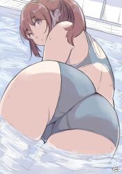 Rule 34 | 1girl, :o, ass, brown eyes, brown hair, commentary request, competition swimsuit, hadashi no kenji, highres, looking at viewer, looking back, one-piece swimsuit, original, partially submerged, plump, pool, solo, swimsuit, water